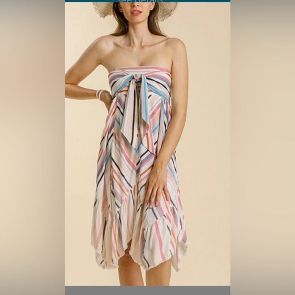 Umgee Striped Handkerchief-Hem Strapless Dress